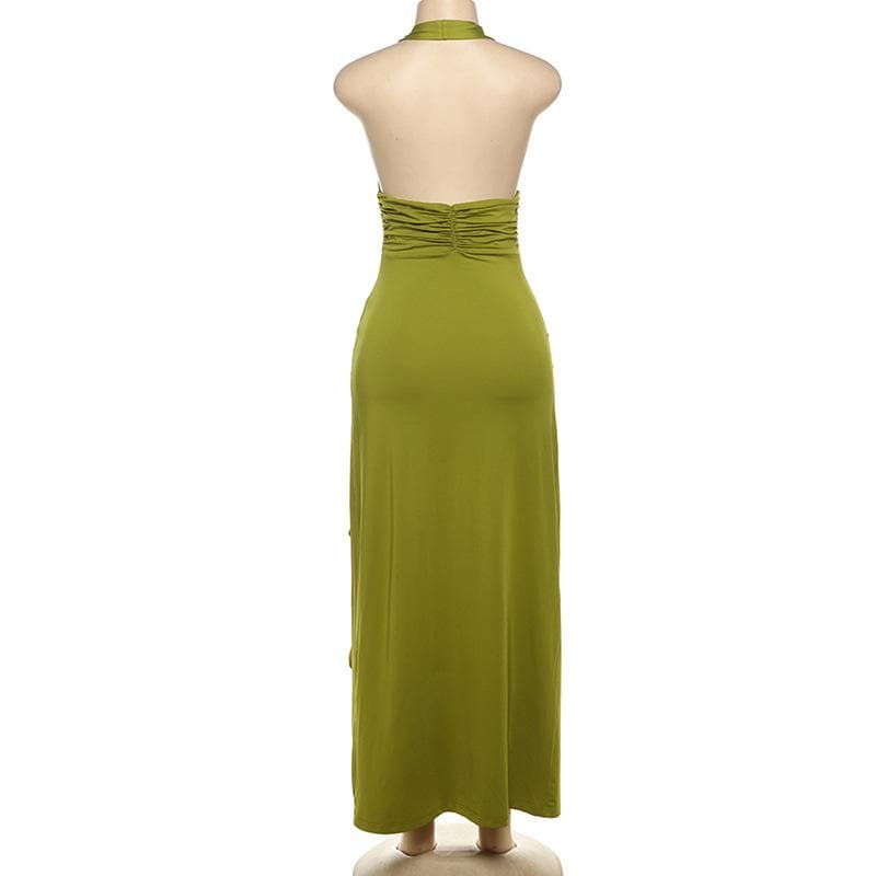Enchanting Olive Green Halter Maxi Dress with Ruffled High Slits & Rose Applique - Your Fall Event Statement