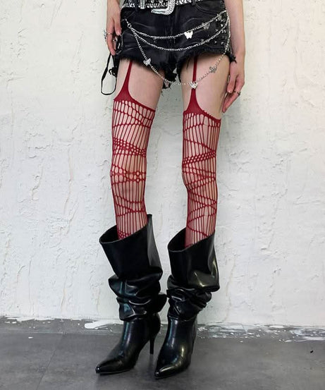 Shattered Web Red Fishnet Suspender Tights - Your Edgy Fall & Halloween Statement