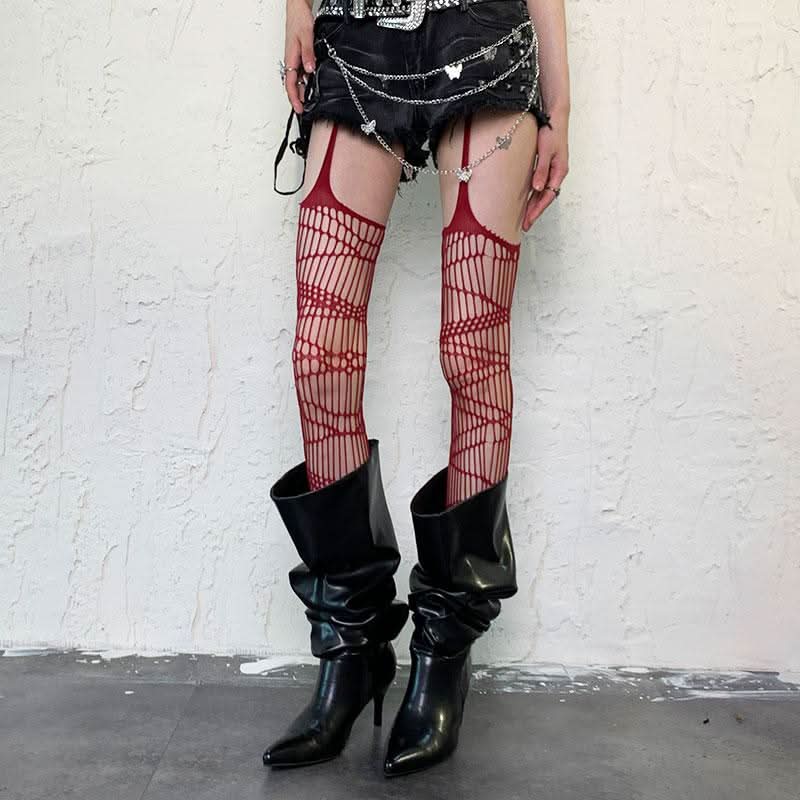 Shattered Web Red Fishnet Suspender Tights - Your Edgy Fall & Halloween Statement