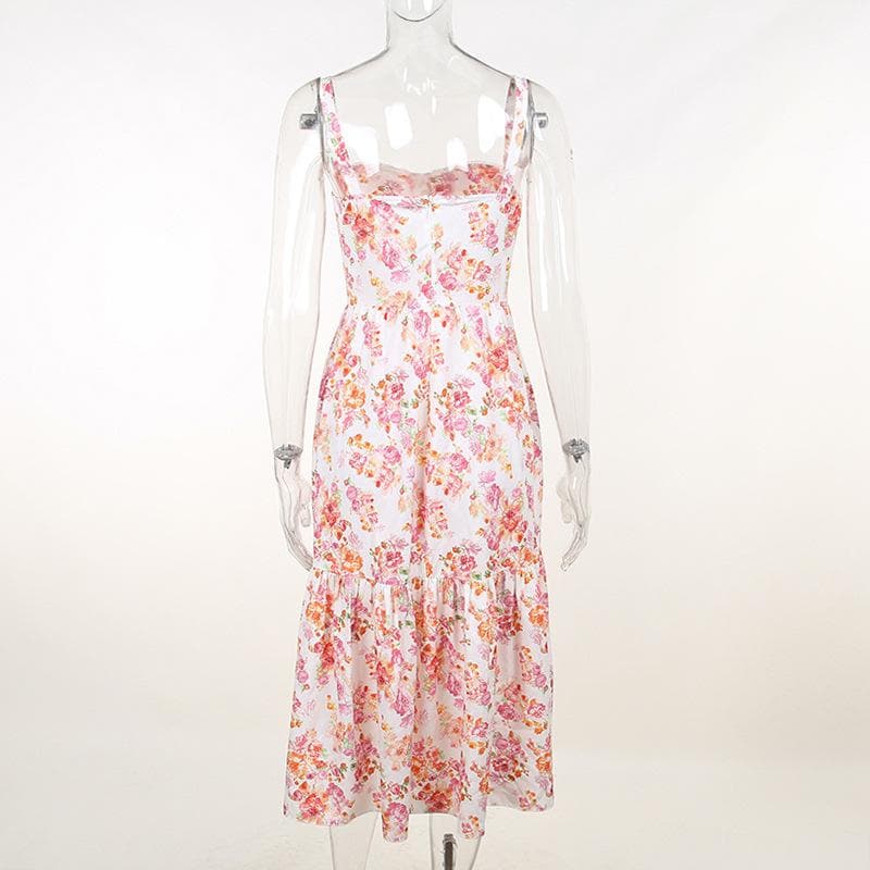 Enchanting Floral Ruched Midi Dress - Sweetheart Style for Fall Flair & Vacation Charm