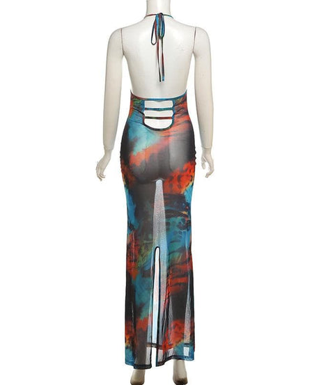 Vibrant Tie-Dye Mesh Maxi Dress – Cowl Neck Halter Backless for Fall Events & Escapes