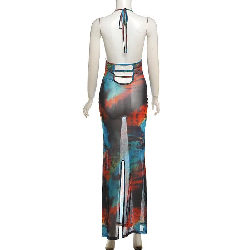 Vibrant Tie-Dye Mesh Maxi Dress – Cowl Neck Halter Backless for Fall Events & Escapes