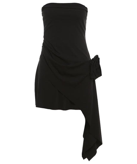 Glam White Strapless Mini Dress: Ruched Asymmetrical & 3D Floral – Fall & Holiday Event Ready