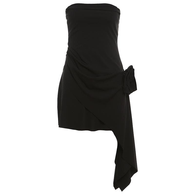 Glam White Strapless Mini Dress: Ruched Asymmetrical & 3D Floral – Fall & Holiday Event Ready