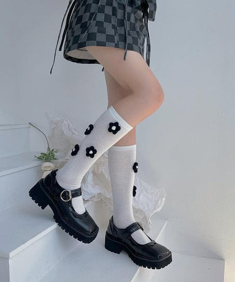 Chic Black Flower Applique Knee High Socks | Cozy Fall & Halloween Style