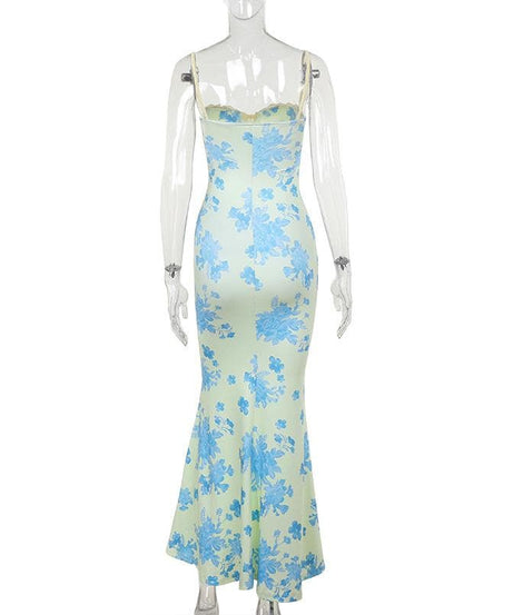 Chic Blue Floral Sweetheart Maxi Dress – Elegant Ruched Bust & Mermaid Hem for Resort Getaways