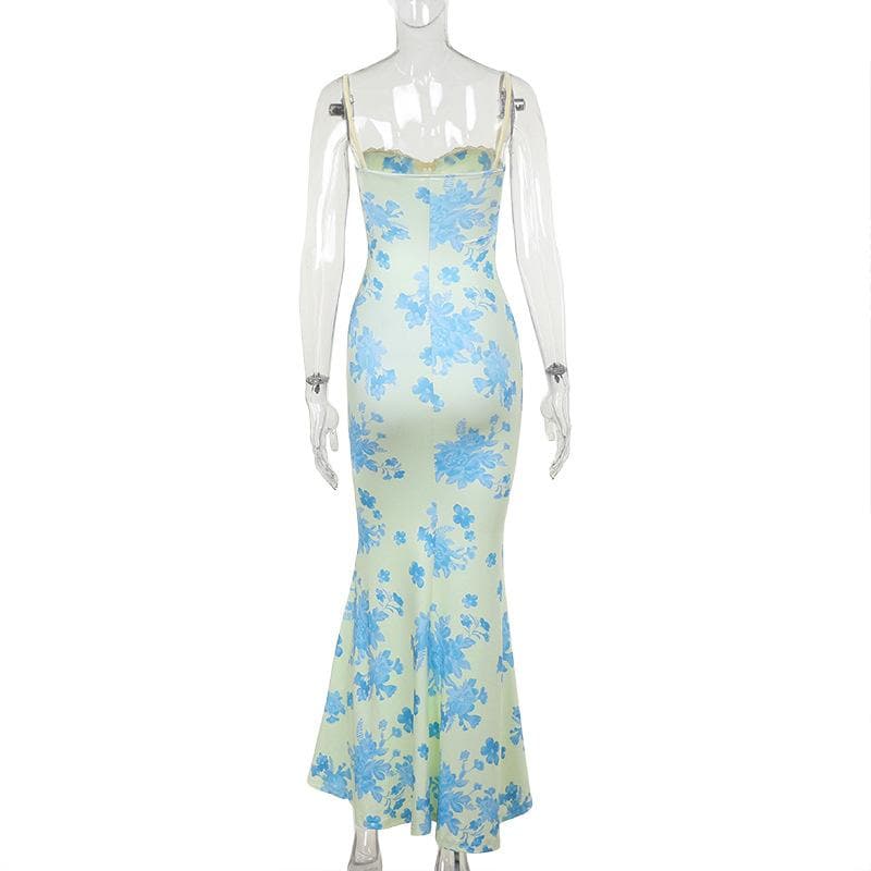 Chic Blue Floral Sweetheart Maxi Dress – Elegant Ruched Bust & Mermaid Hem for Resort Getaways