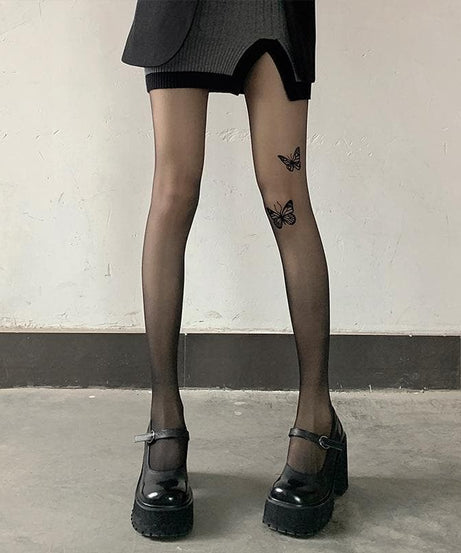 Fall Flight Butterfly Sheer Tights | Edgy Tattoo Effect for Chic Autumn Style
