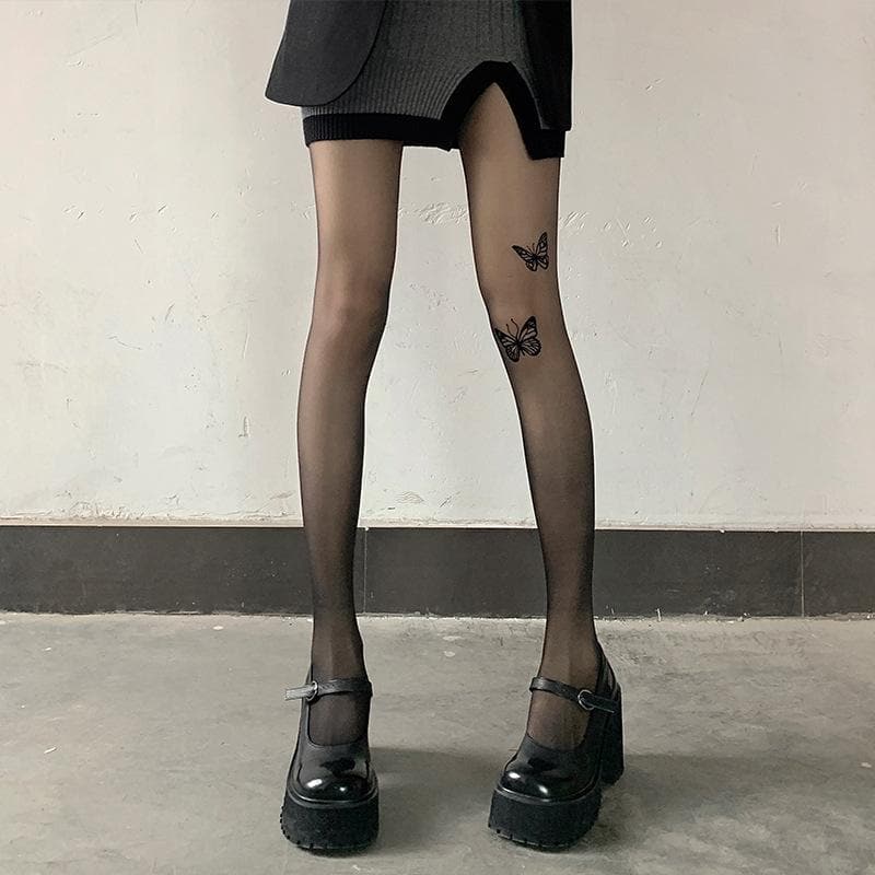 Fall Flight Butterfly Sheer Tights | Edgy Tattoo Effect for Chic Autumn Style