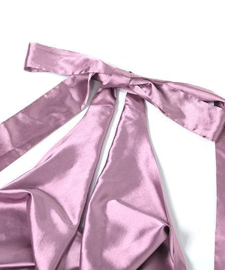 Plum Satin Halter Mini Dress: Cowl Neck Asymmetrical Drape for Fall & Holiday Parties