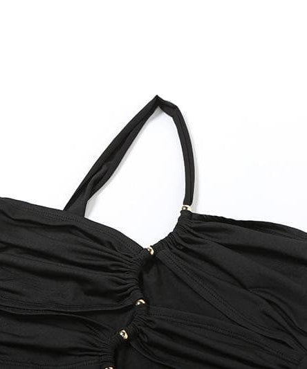 Slay the Season: Black One-Shoulder Ruched Bodycon Maxi Dress with Metallic Accents - Fall & Holiday Ready