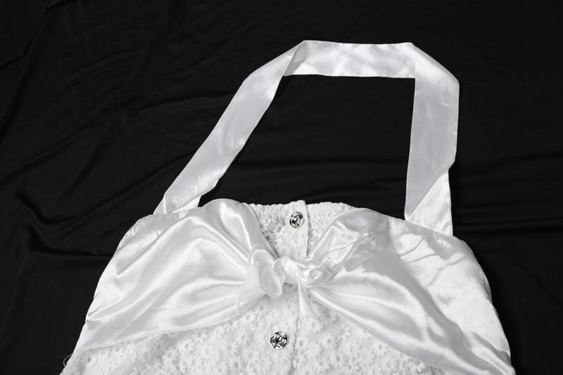 Dreamy White Halter Midi Dress with Satin Bow & Textured Floral – Your Vacation & Spring/Summer Escape