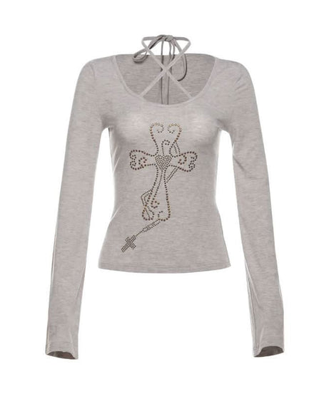 Fall Vibes Y2K Rhinestone Cross Criss-Cross Neck Long Sleeve Top with Flared Cuffs
