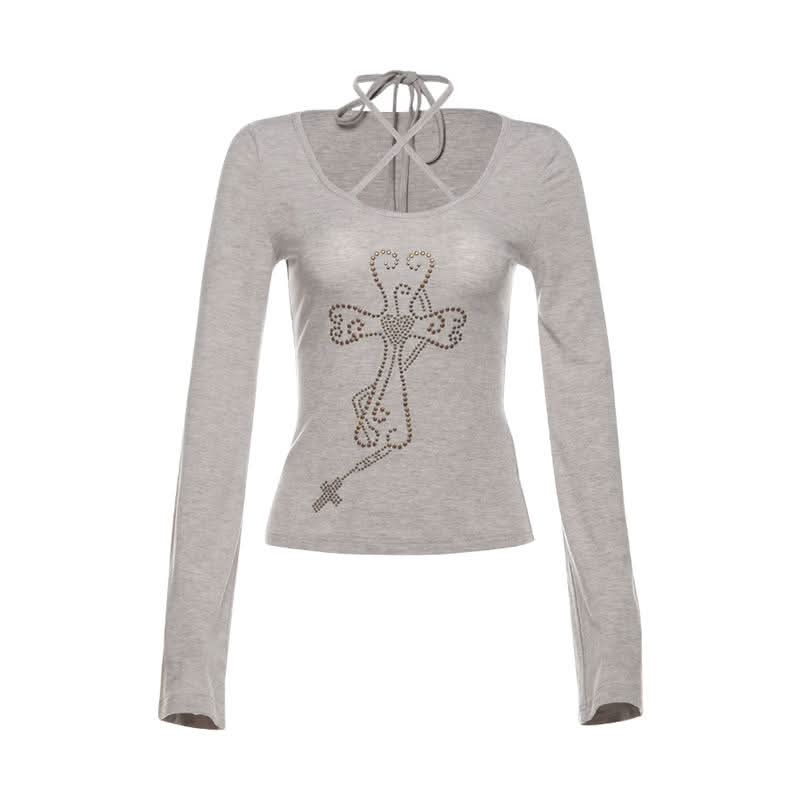 Fall Vibes Y2K Rhinestone Cross Criss-Cross Neck Long Sleeve Top with Flared Cuffs