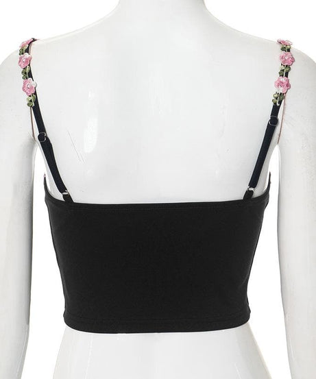 Chic Black Floral Embroidered Cami Crop Top - Romantic Fall Style for Women