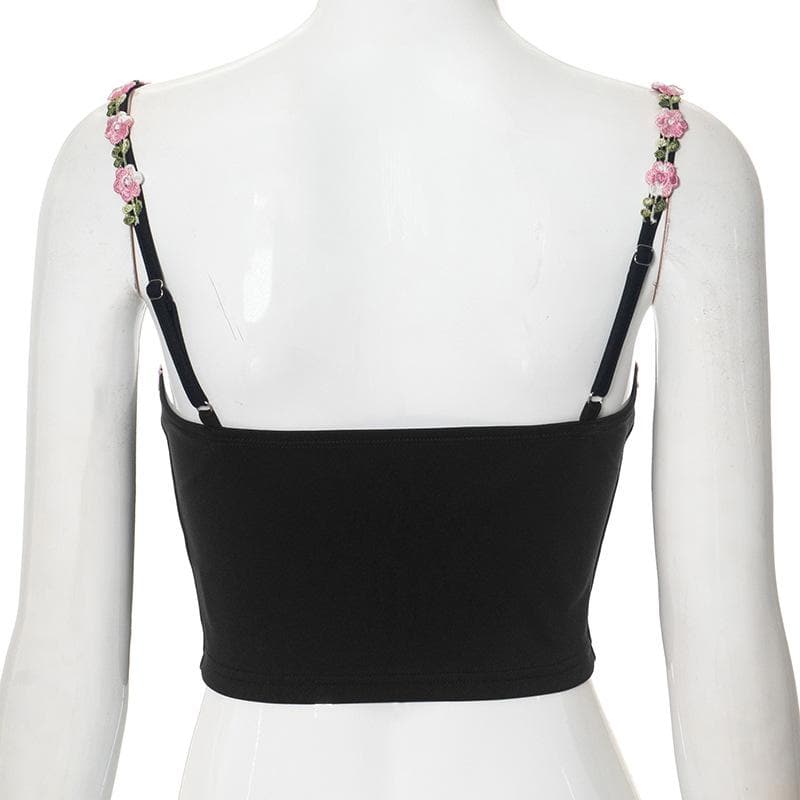 Chic Black Floral Embroidered Cami Crop Top - Romantic Fall Style for Women