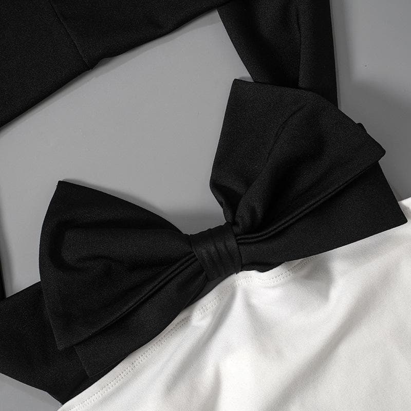 Elegant White Off-Shoulder Mini Dress with Statement Black Bow - Fall Party & Date Night Ready