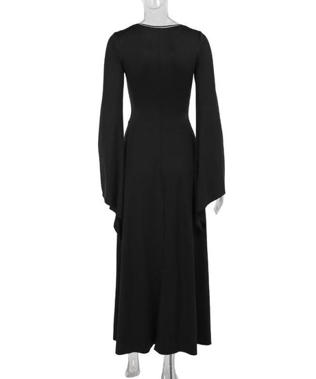 Enchanted Bell Sleeve Black Maxi Dress | Gothic V-Neck Embroidery for Fall & Halloween