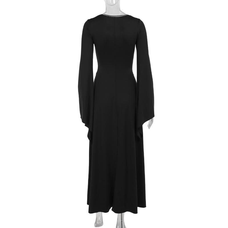 Enchanted Bell Sleeve Black Maxi Dress | Gothic V-Neck Embroidery for Fall & Halloween