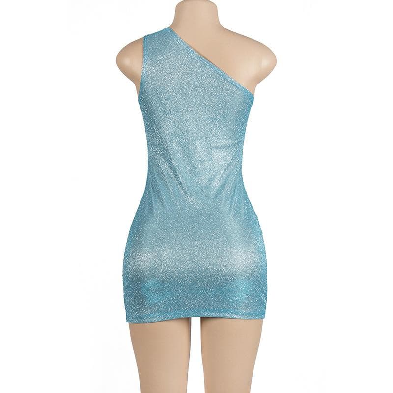 Dazzling Sky Blue Glitter One-Shoulder Bodycon Mini Dress - Fall & Holiday Party Ready