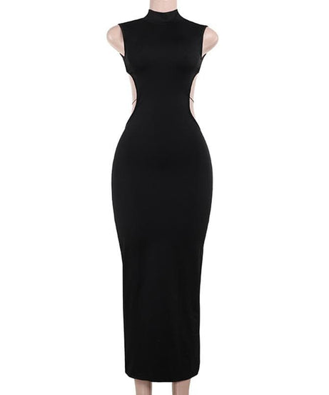 Sleek Black Backless Butterfly Chain Midi Dress with Thigh Slit – Fall & Holiday Event Ready
