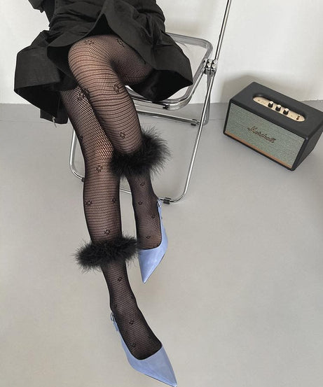 Bewitching Feather-Cuff Fishnet Tights - Dainty Pattern for Fall & Halloween Parties