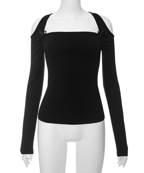 Modern Romance: Black Square Neck Cold Shoulder Long Sleeve Top with Bows – Your Chic Fall Staple