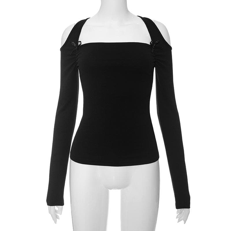 Modern Romance: Black Square Neck Cold Shoulder Long Sleeve Top with Bows – Your Chic Fall Staple