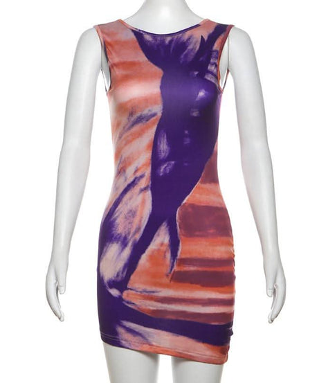 Mystic Hues Abstract Art Bodycon Mini Dress - Sleeveless Fall Statement