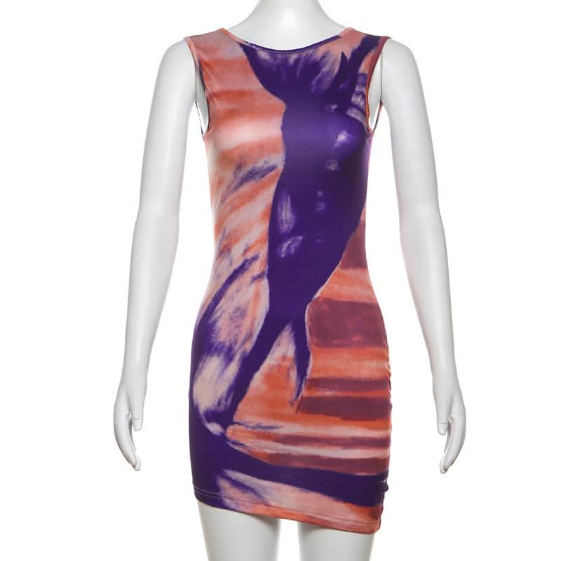 Mystic Hues Abstract Art Bodycon Mini Dress - Sleeveless Fall Statement