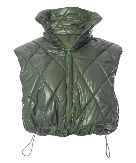 Elevated Olive Green Quilted Puffer Vest – Women's Chic High Collar Fall Layering Essential