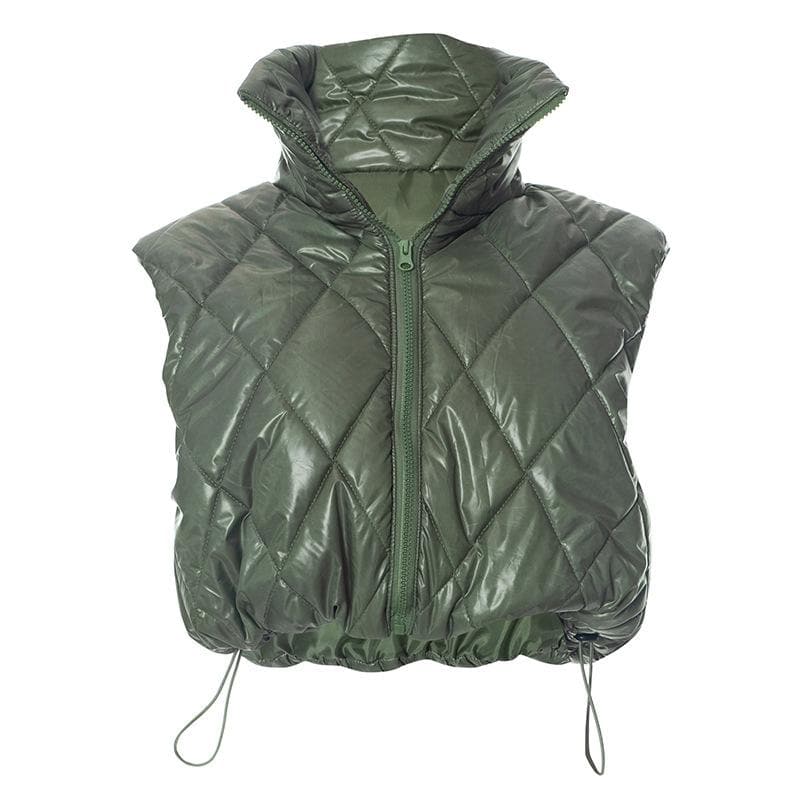 Elevated Olive Green Quilted Puffer Vest – Women's Chic High Collar Fall Layering Essential