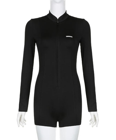 Fall Essential: Sleek Black Long Sleeve Zip-Up Romper - Effortless Athleisure & Layering Style