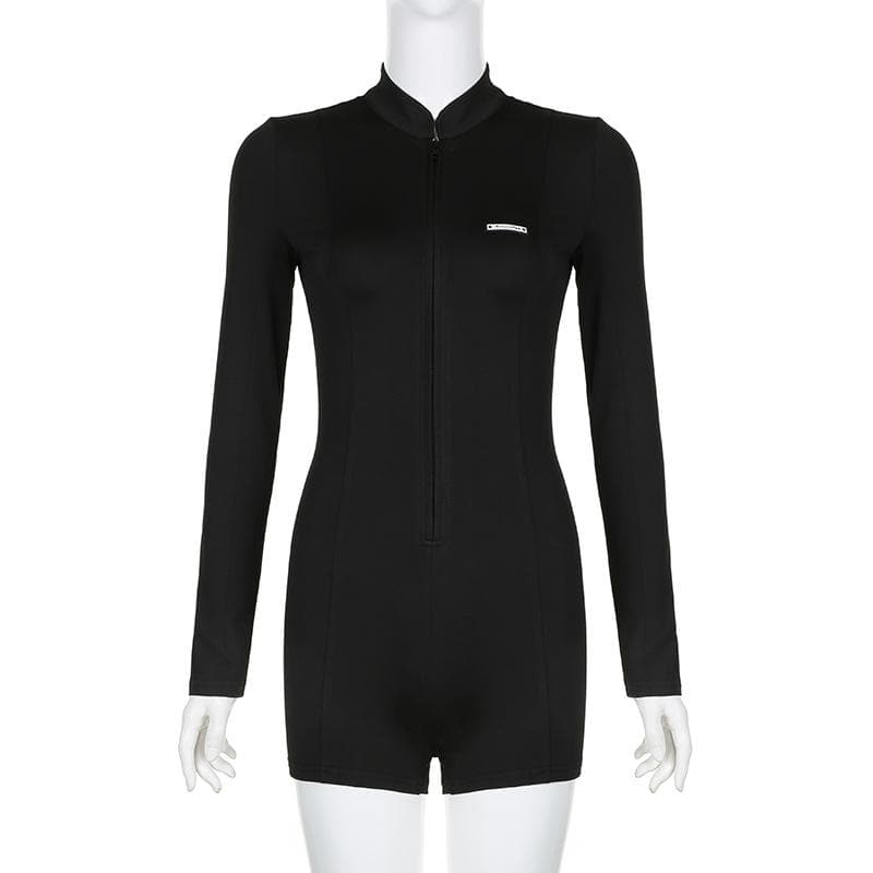 Fall Essential: Sleek Black Long Sleeve Zip-Up Romper - Effortless Athleisure & Layering Style