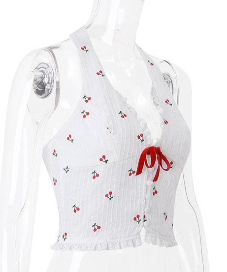 Sweet Cherry Halter Crop Top - Coquette Bow & Ruffle Trim for Y2K & Vacation Style