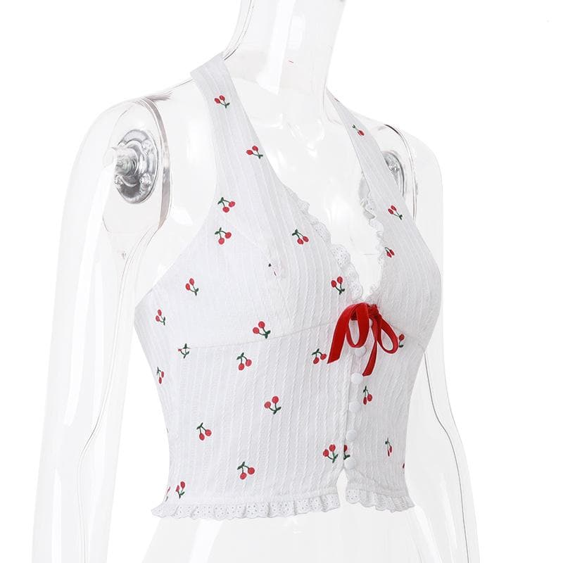 Sweet Cherry Halter Crop Top - Coquette Bow & Ruffle Trim for Y2K & Vacation Style