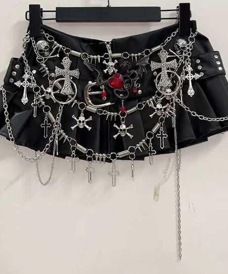 Spooky Season Edgy: Gothic Chain & Cross Pleated Mini Skirt | Alt Fashion & Halloween Ready