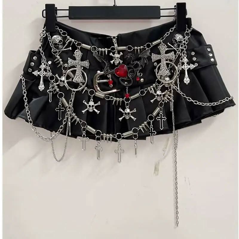 Spooky Season Edgy: Gothic Chain & Cross Pleated Mini Skirt | Alt Fashion & Halloween Ready