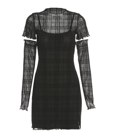 Spooky Chic Plaid Mesh Ruffled Mini Dress & Fingerless Gloves Set – Fall Party & Halloween Ready!