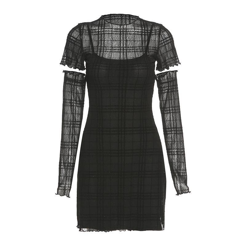 Spooky Chic Plaid Mesh Ruffled Mini Dress & Fingerless Gloves Set – Fall Party & Halloween Ready!