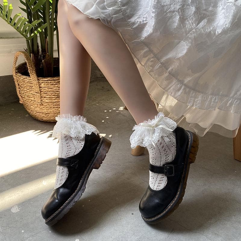 Enchanting Black Lace Ruffle Ankle Socks with Satin Bows - Vintage Charm for Fall & Halloween