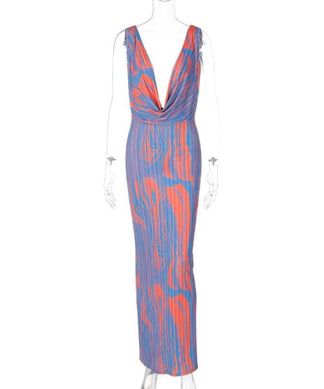 Vibrant Abstract Print Cowl Neck Maxi Dress - Backless Glam for Fall Events & Vacation Getaways