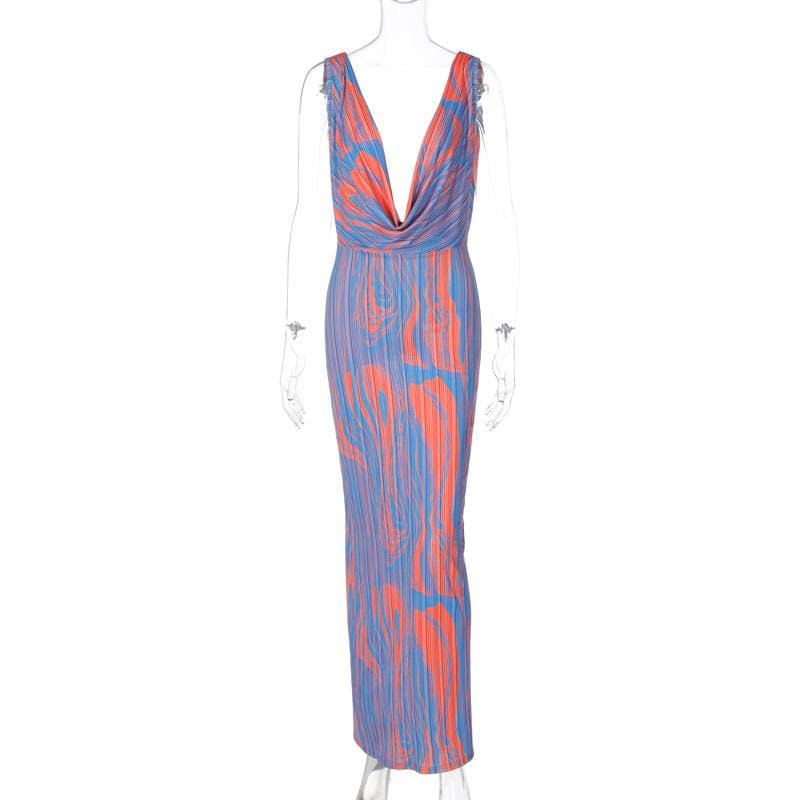 Vibrant Abstract Print Cowl Neck Maxi Dress - Backless Glam for Fall Events & Vacation Getaways