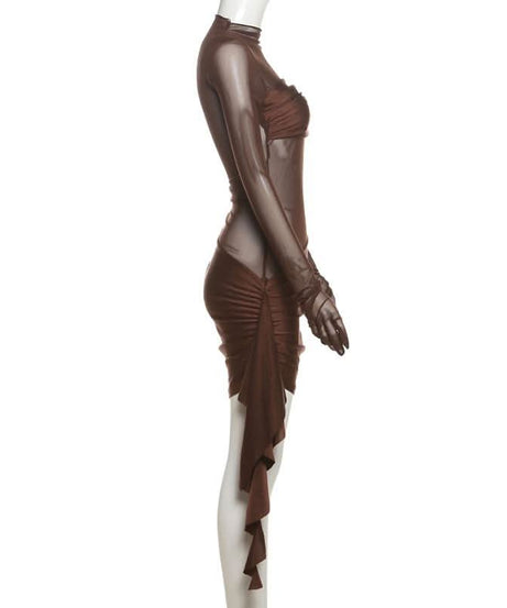 Bronze Siren: Sheer Mesh Ruched Mini Dress with Built-in Gloves - Fall & Holiday Party Ready