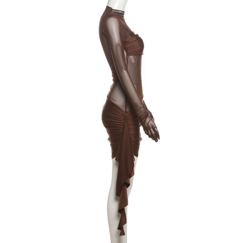 Bronze Siren: Sheer Mesh Ruched Mini Dress with Built-in Gloves - Fall & Holiday Party Ready