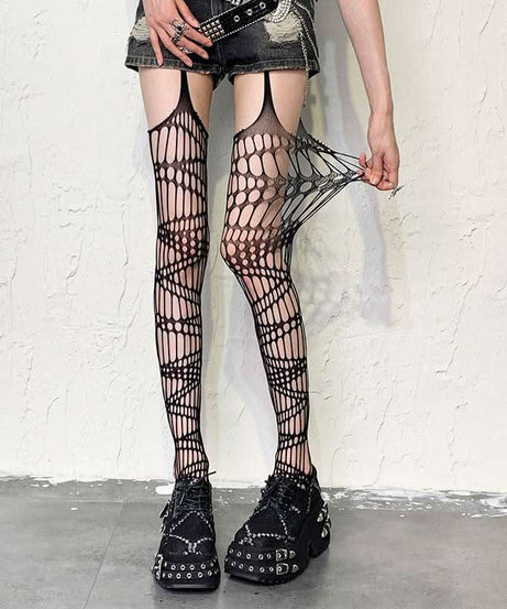Shattered Web Red Fishnet Suspender Tights - Your Edgy Fall & Halloween Statement