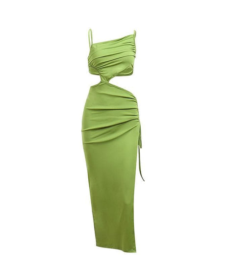 Vibrant Lime Green Ruched Cut-Out Midi Dress with High Slit | Fall Party & Vacation Ready