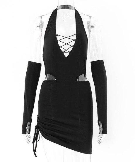 Siren Black Halter Lace-Up Cut-Out Mini Dress with Statement Sleeves - Fall Party & Clubwear Essential