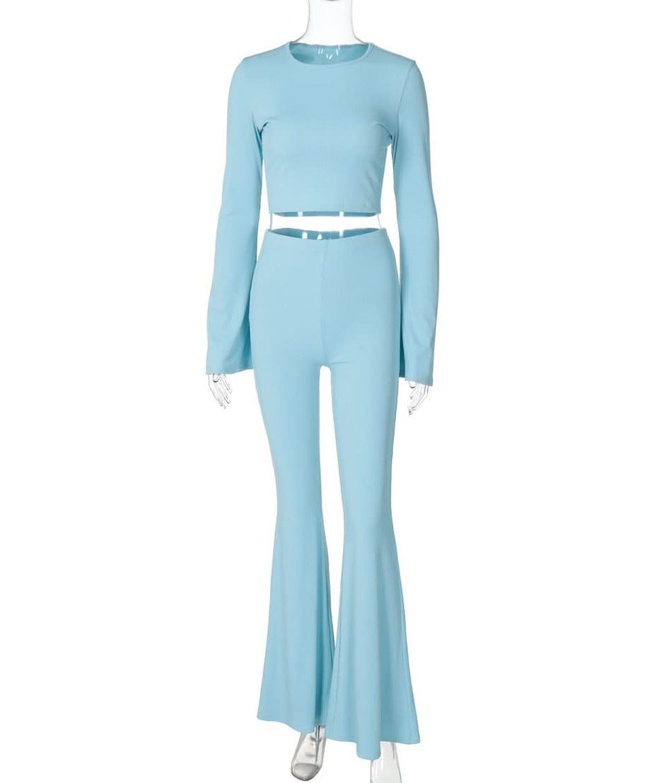 Fall Flair: Sky Blue Ribbed Bell Sleeve Crop Top & Flare Pant Set - Cozy Chic Loungewear
