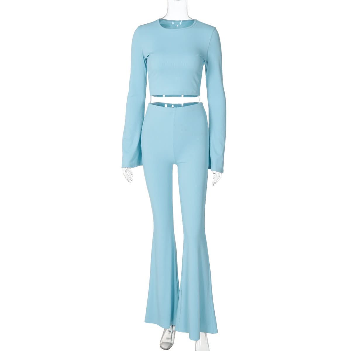Fall Flair: Sky Blue Ribbed Bell Sleeve Crop Top & Flare Pant Set - Cozy Chic Loungewear